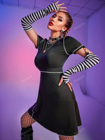Gothic Black And White Contrast Striped Sleeve Dress