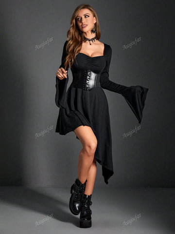 Gothic Dark Punk Sexy Vintage Waist-Cinched V-Neck Irregular Ruffle Sleeve Bell Sleeve Dress