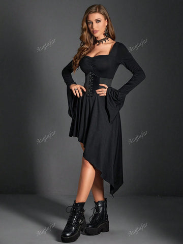 Gothic Dark Punk Sexy Vintage Waist-Cinched V-Neck Irregular Ruffle Sleeve Bell Sleeve Dress