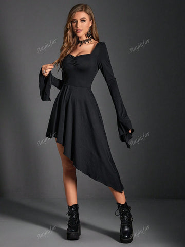 Gothic Dark Punk Sexy Vintage Waist-Cinched V-Neck Irregular Ruffle Sleeve Bell Sleeve Dress