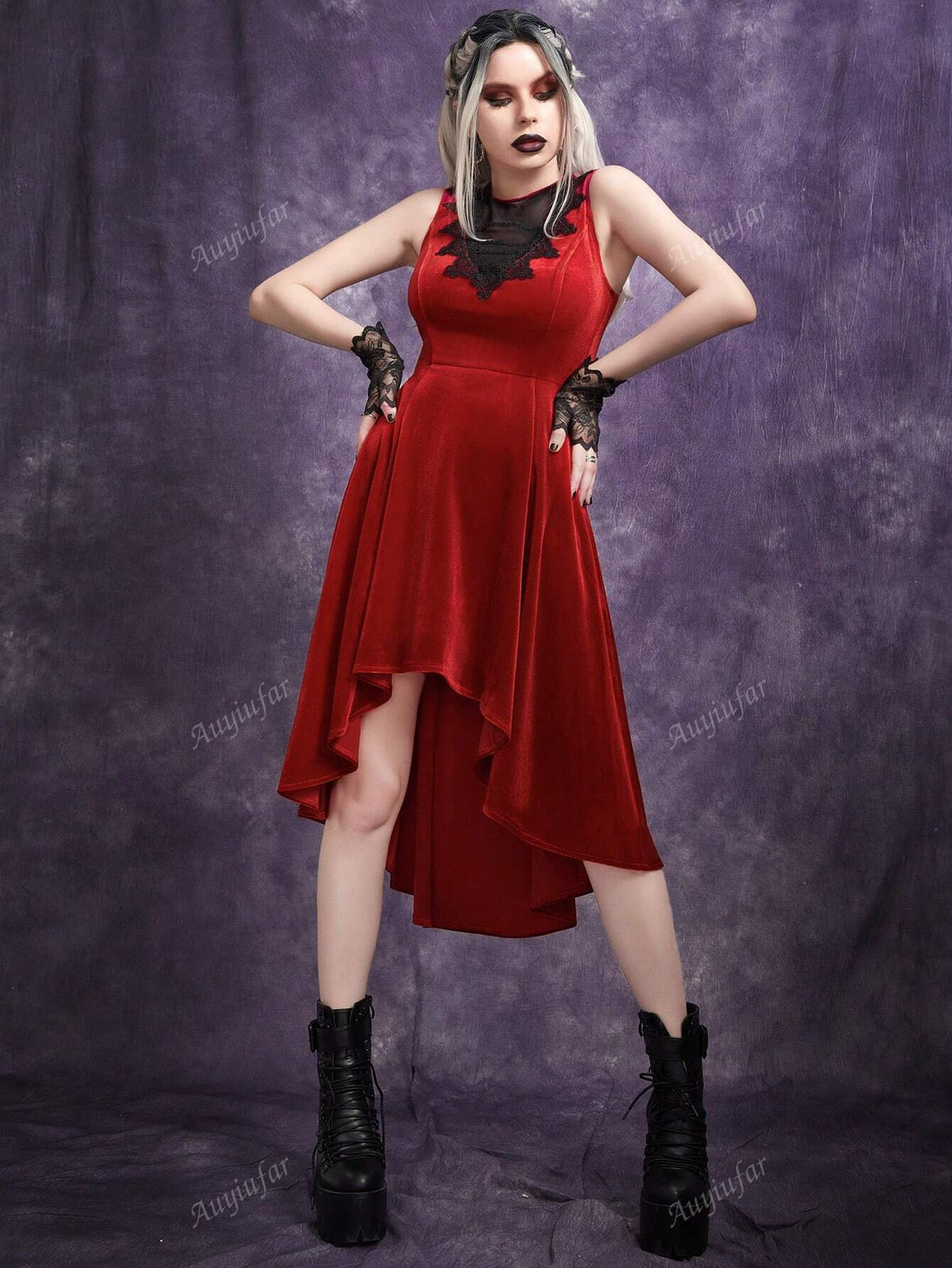 Gothic Deep V-Neck Lace Mesh Patchwork High-Low Sleeveless Dress
