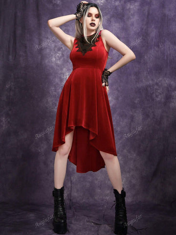 Gothic Deep V-Neck Lace Mesh Patchwork High-Low Sleeveless Dress