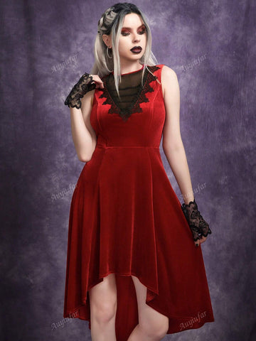 Gothic Deep V-Neck Lace Mesh Patchwork High-Low Sleeveless Dress