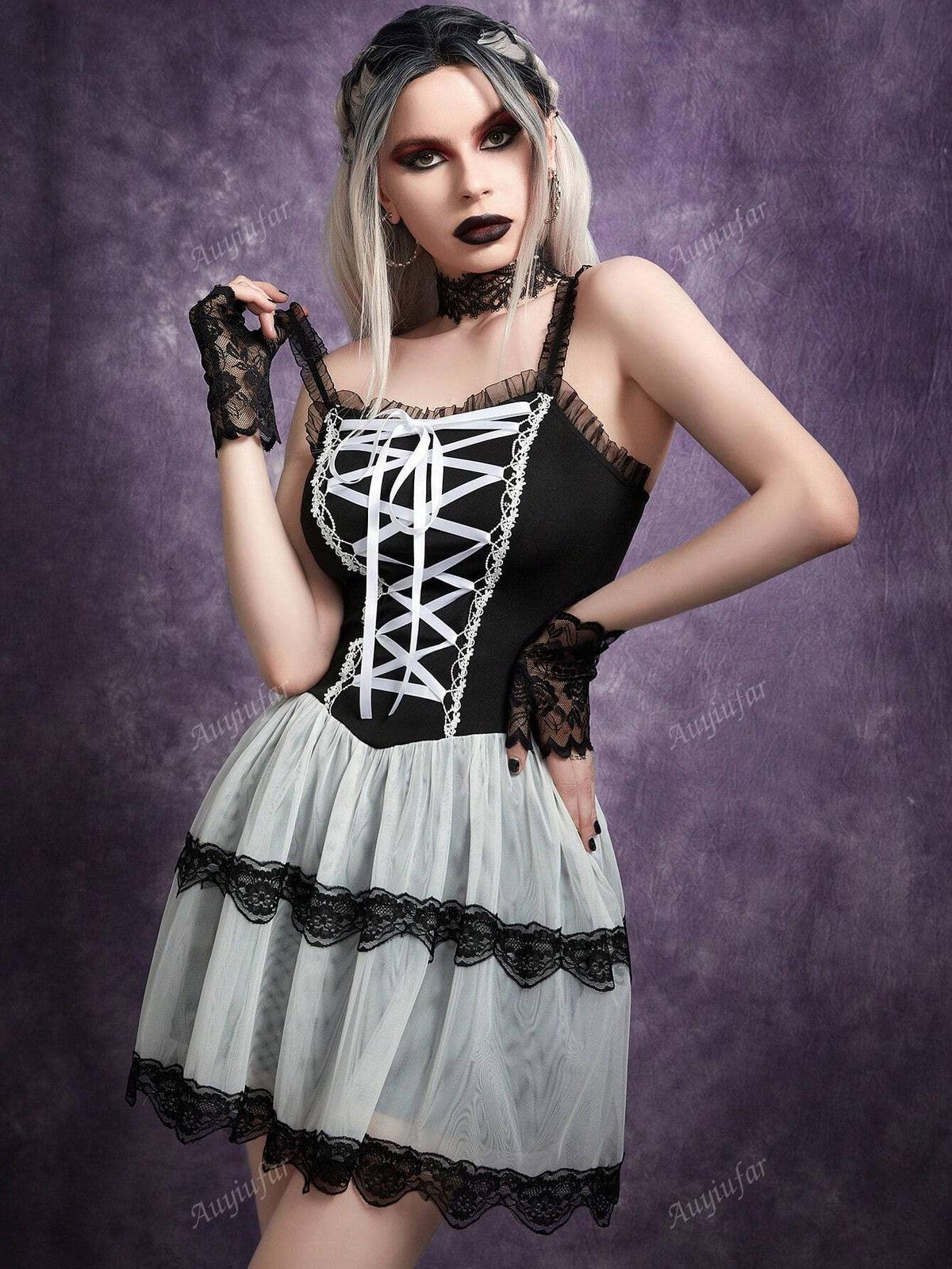 Gothic Lace-Up Ruffle White Mesh Cami Dress