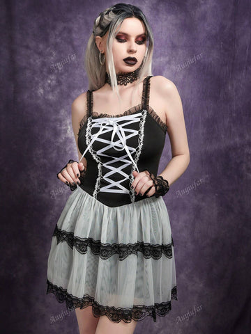 Gothic Lace-Up Ruffle White Mesh Cami Dress