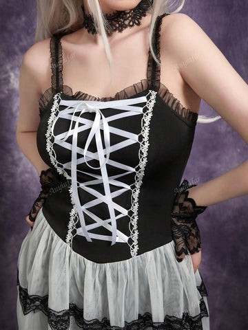 Gothic Lace-Up Ruffle White Mesh Cami Dress