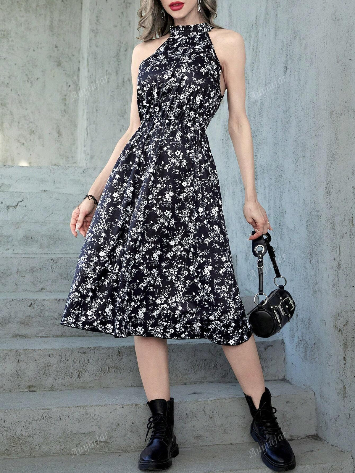 Gothic Vintage Dark French Sexy Halter Neck Cinched Waist A-Line Dress
