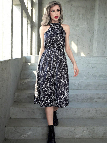Gothic Vintage Dark French Sexy Halter Neck Cinched Waist A-Line Dress