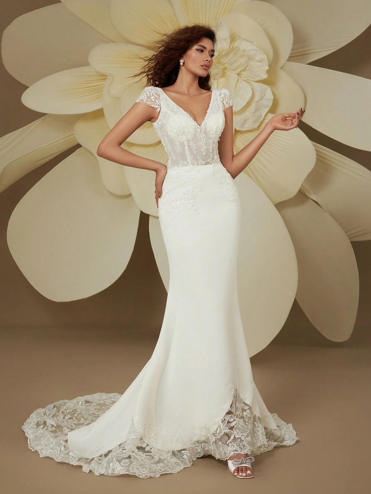 Graceful Double V-Neck Cap Sleeve Beaded Embroidery Backless Sequin Train Mermaid Wedding Dresses For Bride