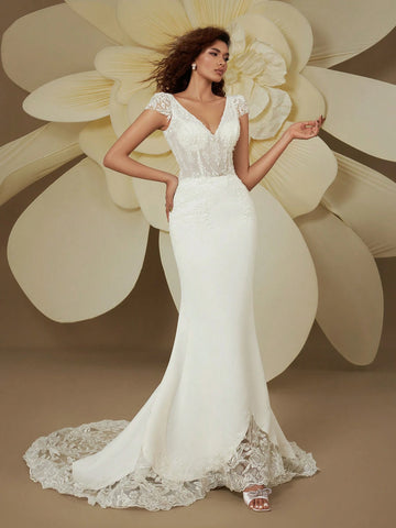 Graceful Double V-Neck Cap Sleeve Beaded Embroidery Backless Sequin Train Mermaid Wedding Dresses For Bride