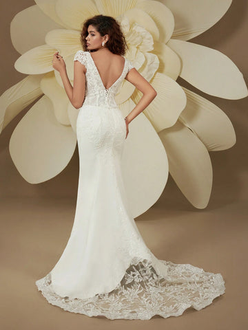Graceful Double V-Neck Cap Sleeve Beaded Embroidery Backless Sequin Train Mermaid Wedding Dresses For Bride