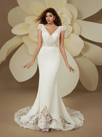 Graceful Double V-Neck Cap Sleeve Beaded Embroidery Backless Sequin Train Mermaid Wedding Dresses For Bride