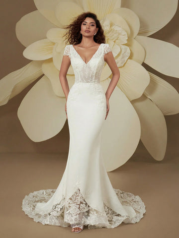 Graceful Double V-Neck Cap Sleeve Beaded Embroidery Backless Sequin Train Mermaid Wedding Dresses For Bride