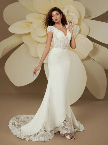 Graceful Double V-Neck Cap Sleeve Beaded Embroidery Backless Sequin Train Mermaid Wedding Dresses For Bride