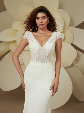 Graceful Double V-Neck Cap Sleeve Beaded Embroidery Backless Sequin Train Mermaid Wedding Dresses For Bride