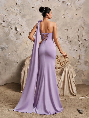Graceful One Shoulder Split Thigh Bridesmaid Dress, Elegant Formal Evening Prom Wedding Guest Gown, For Graduation, Dinner