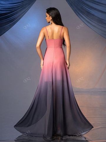 Gradient High Slit Bodycon Bridesmaid Dress With Zipper And Ruched Details