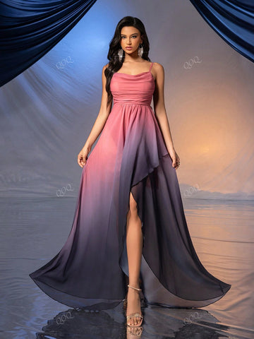 Gradient High Slit Bodycon Bridesmaid Dress With Zipper And Ruched Details