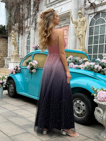 Gradient Sequin Mesh Split Hem Cami Dress