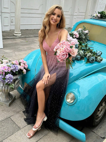 Gradient Sequin Mesh Split Hem Cami Dress