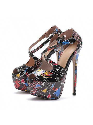 Graffiti Women High Platform Super High Heel Pointed Toe Pumps