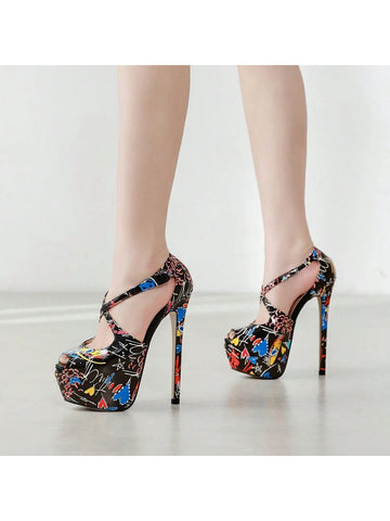 Graffiti Women High Platform Super High Heel Pointed Toe Pumps