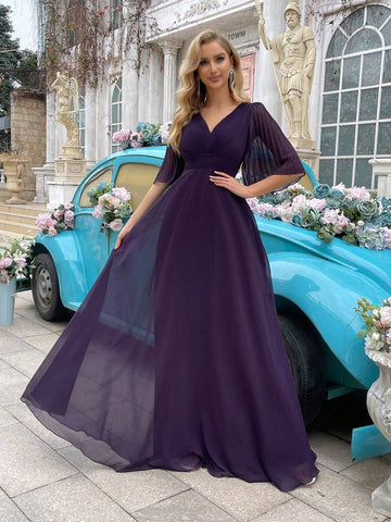Grape Purple V-Neck Mesh Patchwork Bridesmaid Dress