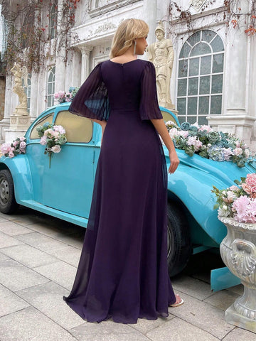 Grape Purple V-Neck Mesh Patchwork Bridesmaid Dress