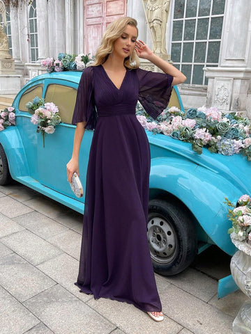 Grape Purple V-Neck Mesh Patchwork Bridesmaid Dress