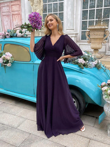Grape Purple V-Neck Mesh Patchwork Bridesmaid Dress