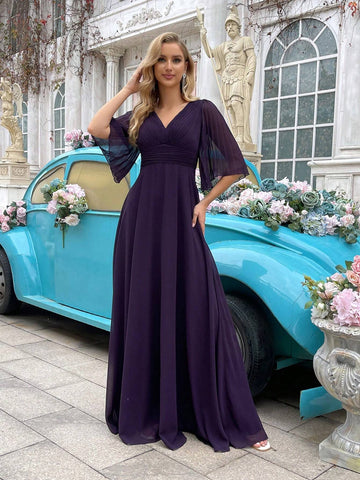 Grape Purple V-Neck Mesh Patchwork Bridesmaid Dress