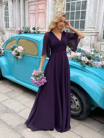 Grape Purple V-Neck Mesh Patchwork Bridesmaid Dress