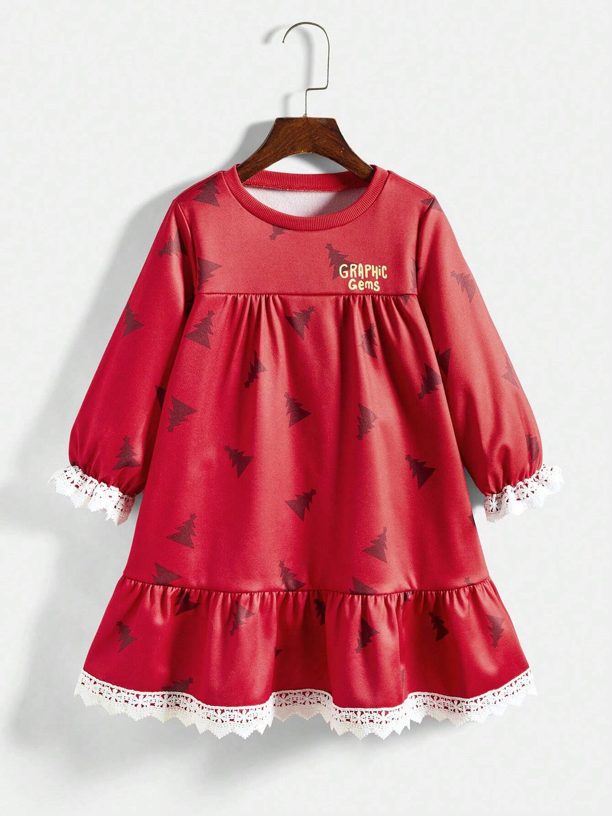 1pc Young Girl Christmas Tree Print Round Neck Long Sleeve Loose Smock Dress, Autumn