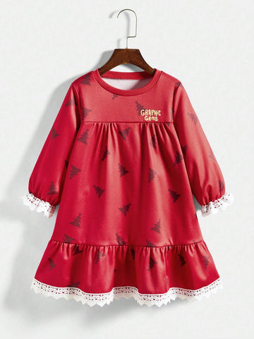 1pc Young Girl Christmas Tree Print Round Neck Long Sleeve Loose Smock Dress, Autumn