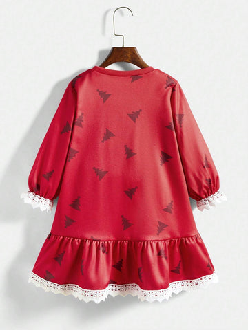 1pc Young Girl Christmas Tree Print Round Neck Long Sleeve Loose Smock Dress, Autumn
