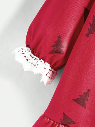 1pc Young Girl Christmas Tree Print Round Neck Long Sleeve Loose Smock Dress, Autumn