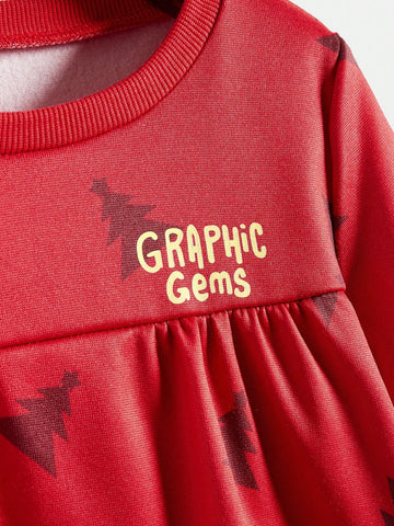 1pc Young Girl Christmas Tree Print Round Neck Long Sleeve Loose Smock Dress, Autumn