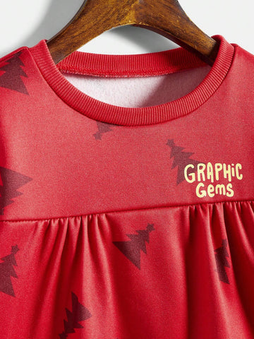 1pc Young Girl Christmas Tree Print Round Neck Long Sleeve Loose Smock Dress, Autumn