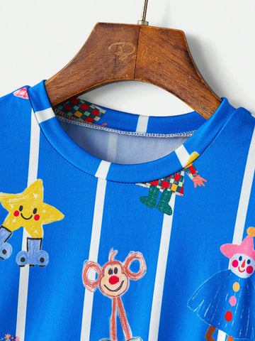 GraphicGems Cartoon Print Round Neck Puff Sleeve Casual Dress For Young Girls