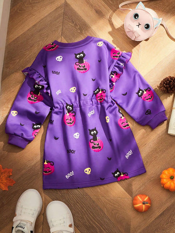 Girls Black Cat & Pumpkin Cap Sleeve Waist Cinched Hoodie Dress, Halloween