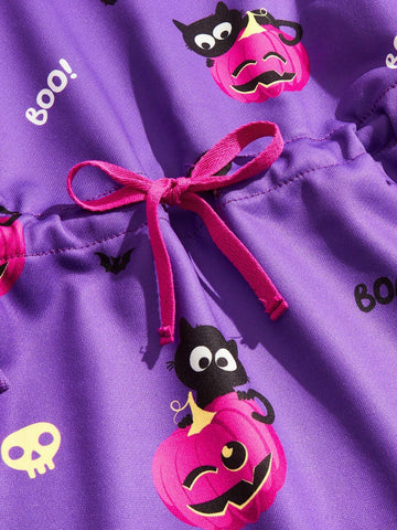 Girls Black Cat & Pumpkin Cap Sleeve Waist Cinched Hoodie Dress, Halloween