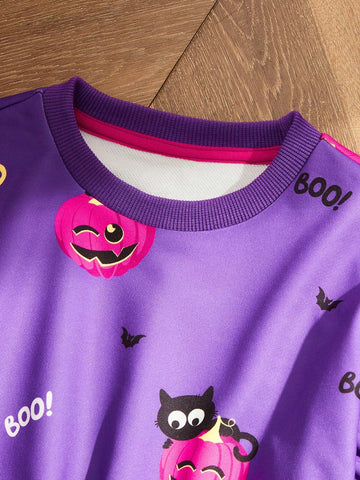 Girls Black Cat & Pumpkin Cap Sleeve Waist Cinched Hoodie Dress, Halloween