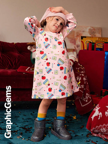Girls' Christmas Apple Heart Graphic Long Sleeve Hooded Dress, Christmas