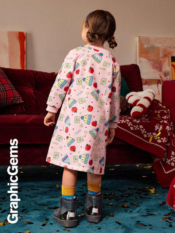 Girls' Christmas Apple Heart Graphic Long Sleeve Hooded Dress, Christmas
