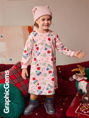 Girls' Christmas Apple Heart Graphic Long Sleeve Hooded Dress, Christmas