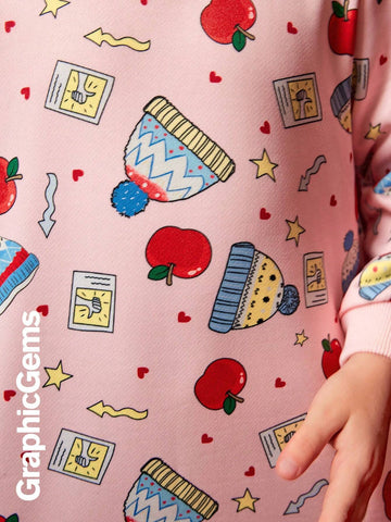 Girls' Christmas Apple Heart Graphic Long Sleeve Hooded Dress, Christmas
