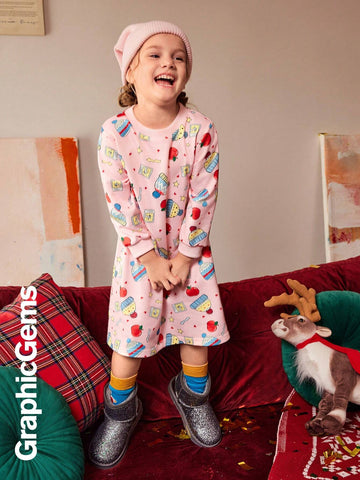 Girls' Christmas Apple Heart Graphic Long Sleeve Hooded Dress, Christmas