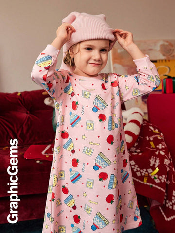 Girls' Christmas Apple Heart Graphic Long Sleeve Hooded Dress, Christmas