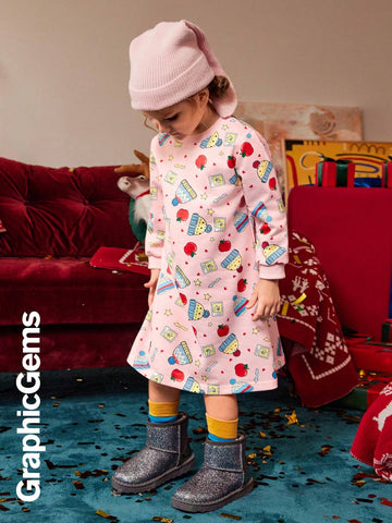Girls' Christmas Apple Heart Graphic Long Sleeve Hooded Dress, Christmas