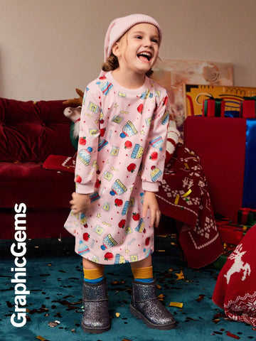 Girls' Christmas Apple Heart Graphic Long Sleeve Hooded Dress, Christmas